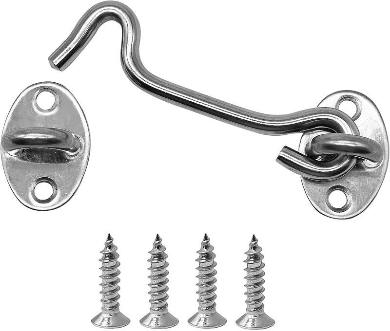 CUKAYO 4 Pack 4" Hook and Eye Gate Latch, Stainless Steel Rust-Resistant Barn Door Lock Cabin Hooks for Gate Shutters Window Slide Barn Shed Cabinet Bathroom, with 16pcs Screw,Silver - Image 1